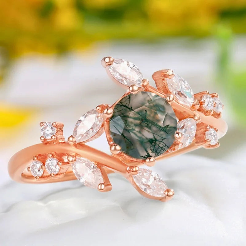 moss agate branch wedding ring rose gold