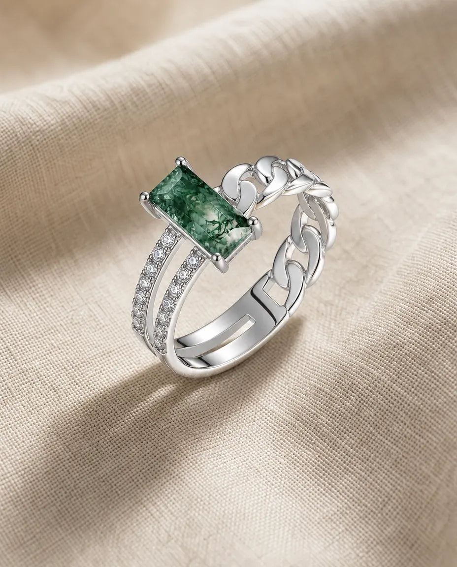Emerald-cut moss agate chain ring with Cuban link and pave band in 925 sterling silver
