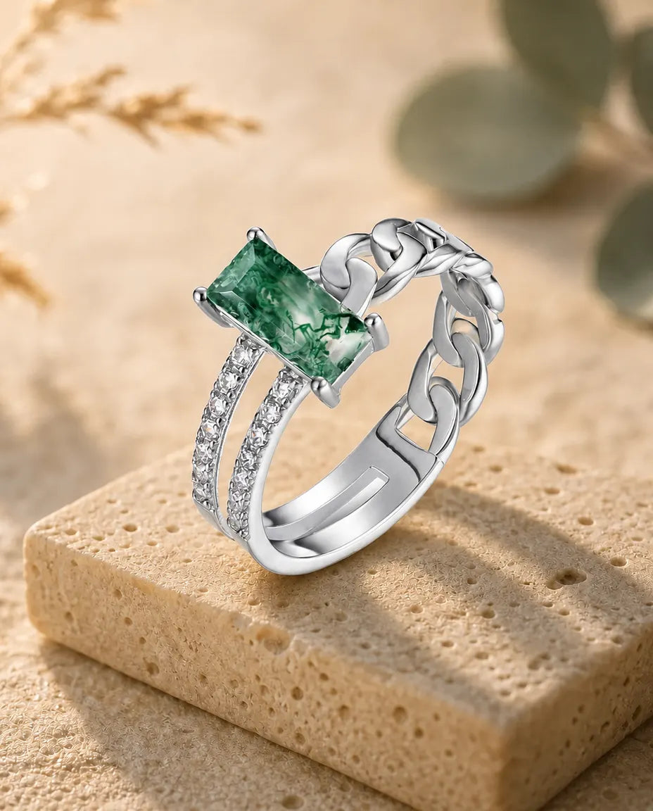 Moss agate emerald-cut chain-link ring in sterling silver with Cuban curb chain and double pave shoulders