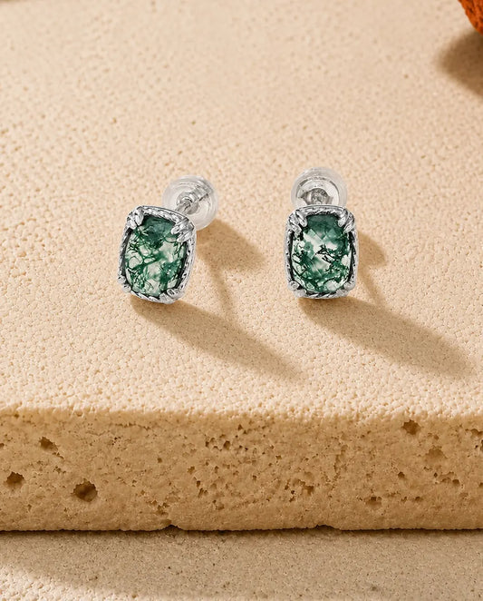 Cushion cut moss agate stud earrings in a twisted rope bezel