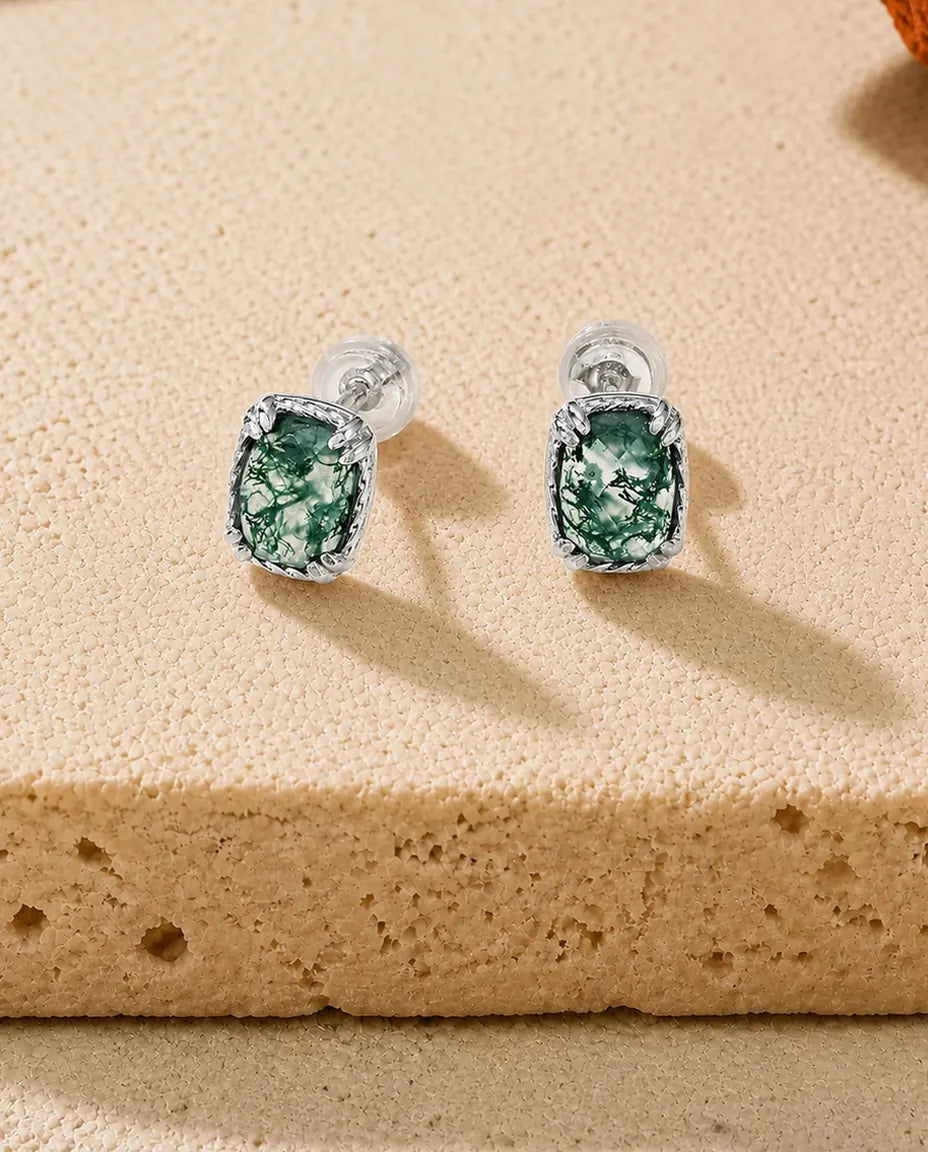Cushion cut moss agate stud earrings in a twisted rope bezel