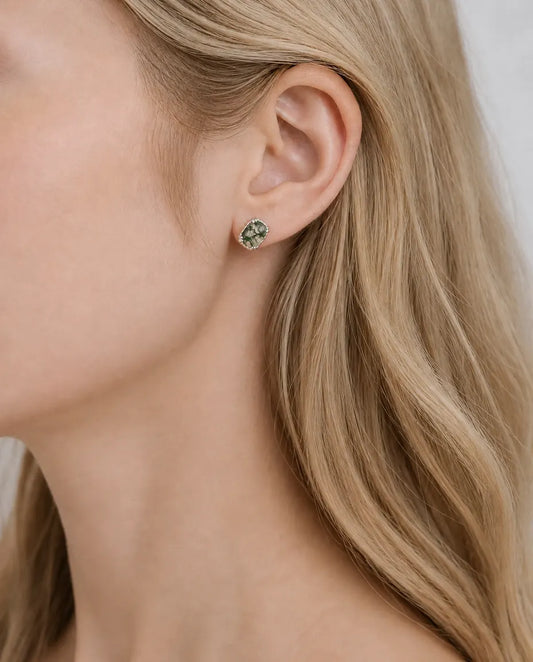 Cushion cut moss agate stud earrings in a twisted rope bezel