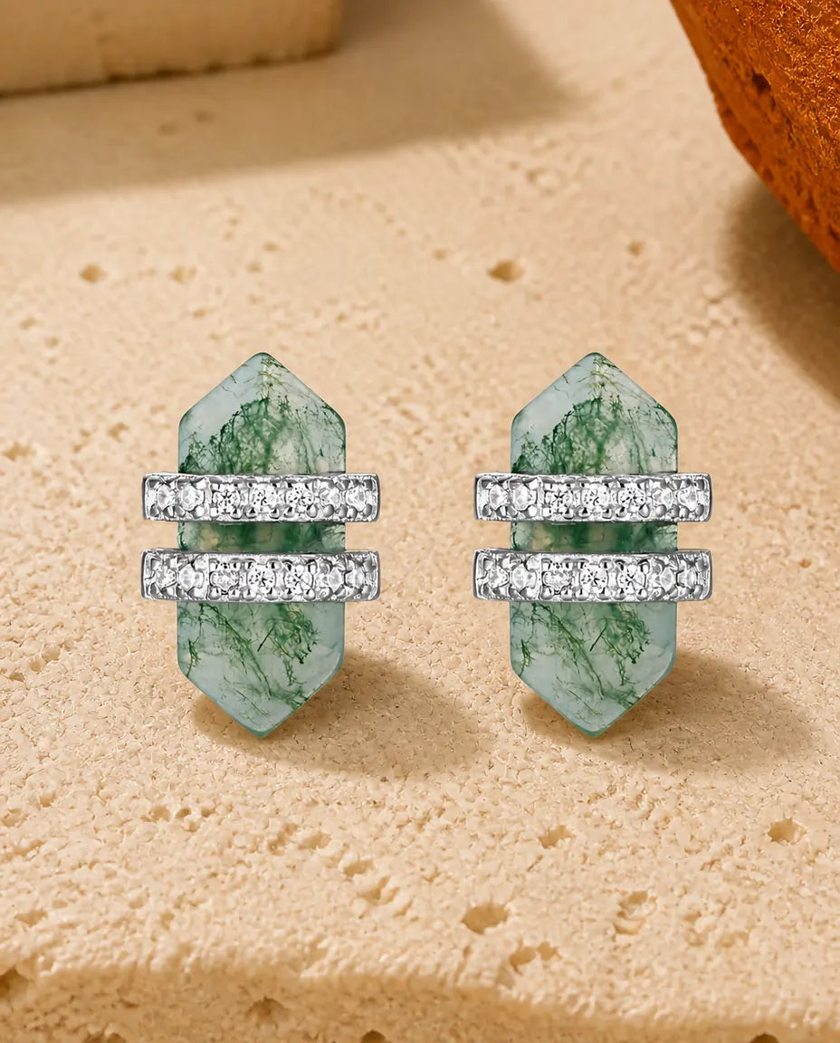 Double point green moss agate stud earrings with pave cubic zirconia bars in 925 sterling silver