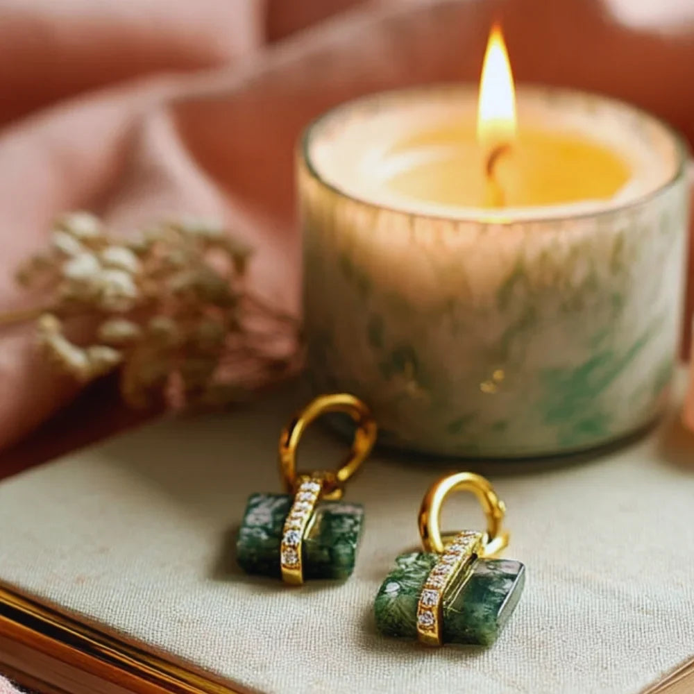 Moss Agate Earrings – Natural Green Stone, 925 Sterling Silver with 10K Gold Plating
