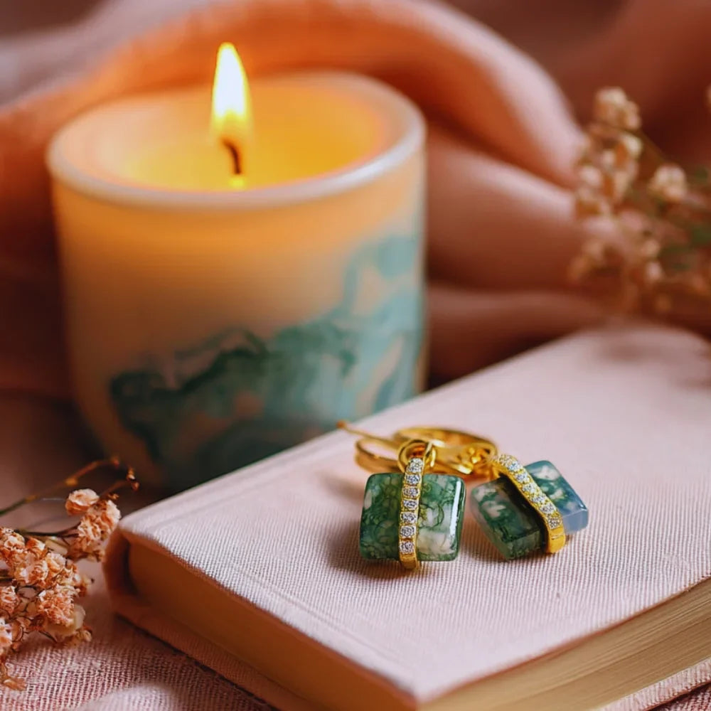 Moss Agate Earrings – Natural Green Stone, 925 Sterling Silver with 10K Gold Plating