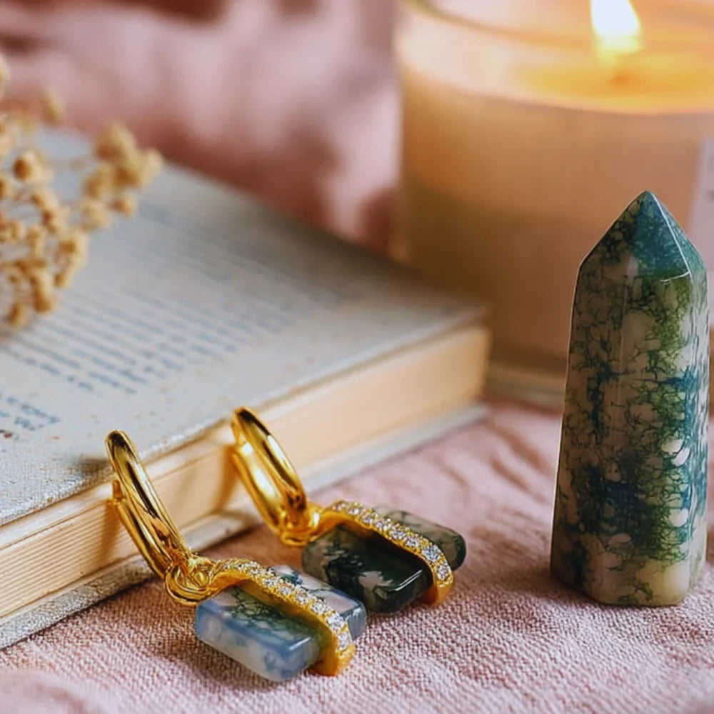 Moss Agate Earrings – Natural Green Stone, 925 Sterling Silver with 10K Gold Plating