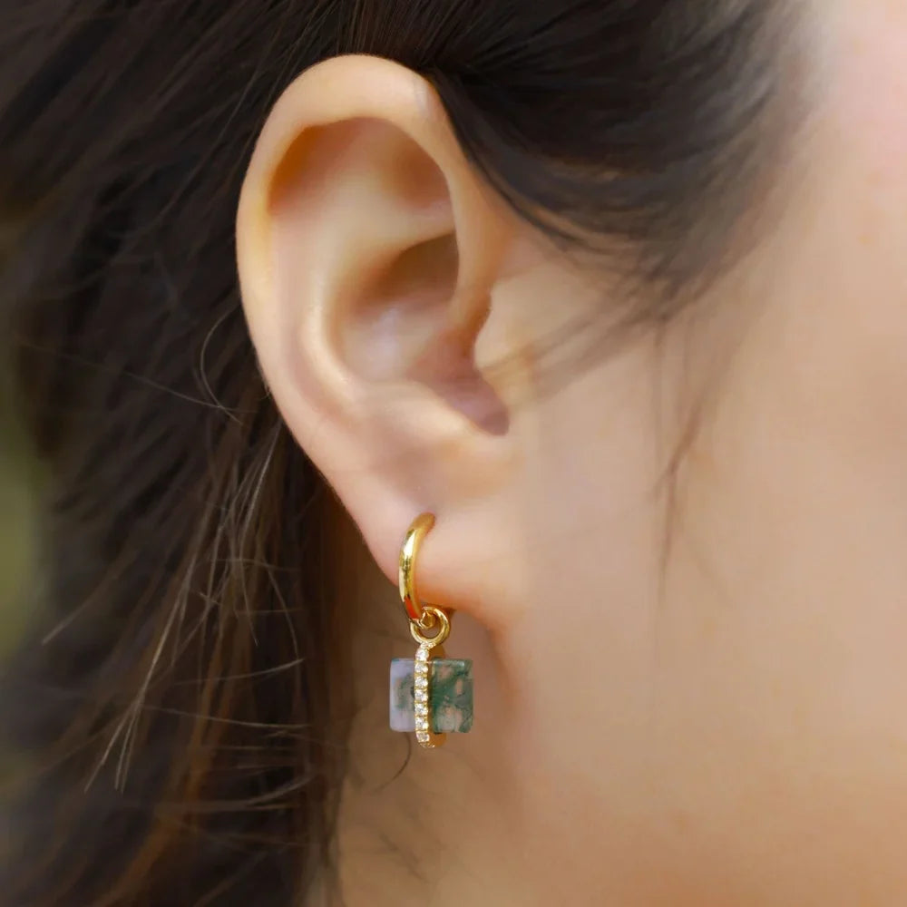 Moss Agate Earrings – Natural Green Stone, 925 Sterling Silver with 10K Gold Plating