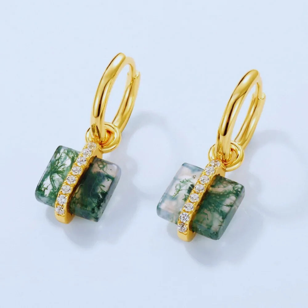 Moss Agate Earrings – Natural Green Stone, 925 Sterling Silver with 10K Gold Plating