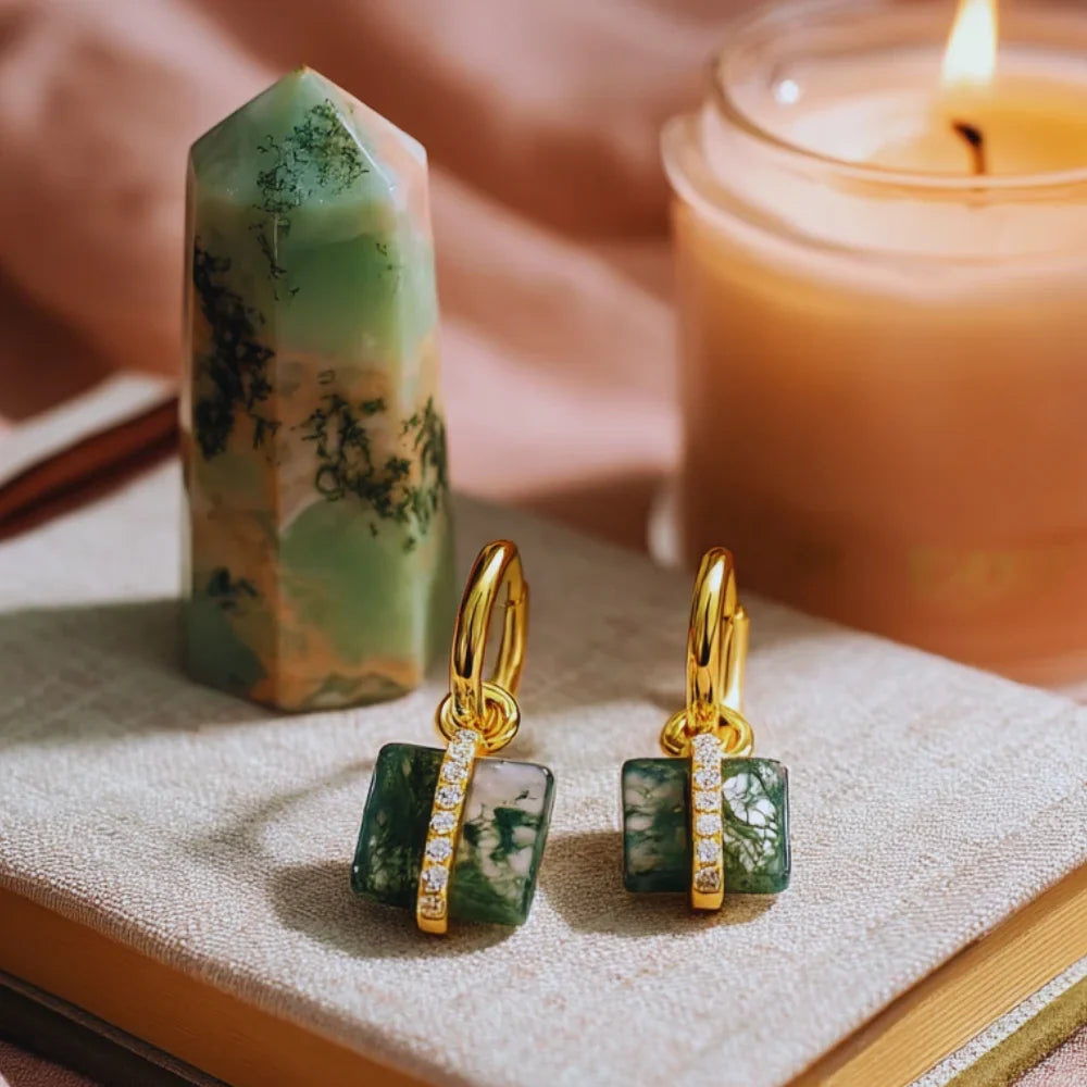 Moss Agate Earrings – Natural Green Stone, 925 Sterling Silver with 10K Gold Plating