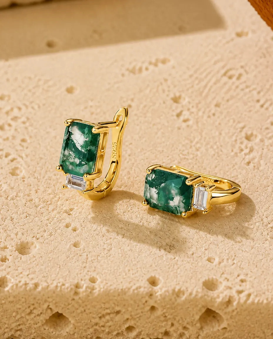 Emerald cut moss agate huggie hoop earrings with baguette CZ in gold