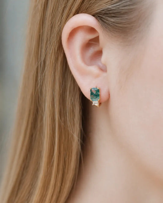 Emerald cut moss agate huggie hoop earrings with baguette CZ in gold