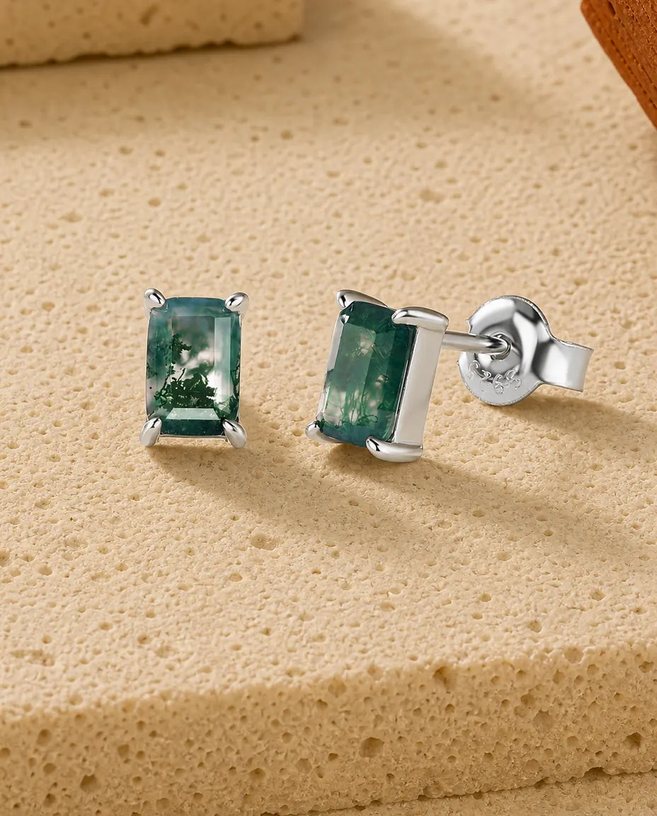 Emerald cut moss agate stud earrings in sterling silver