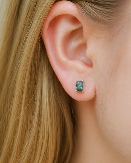 Emerald cut moss agate stud earrings in sterling silver