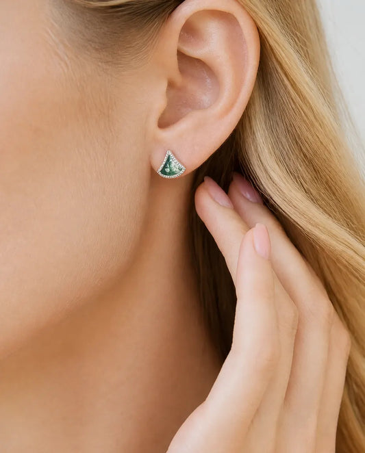 Fan-shaped moss agate silver stud earrings