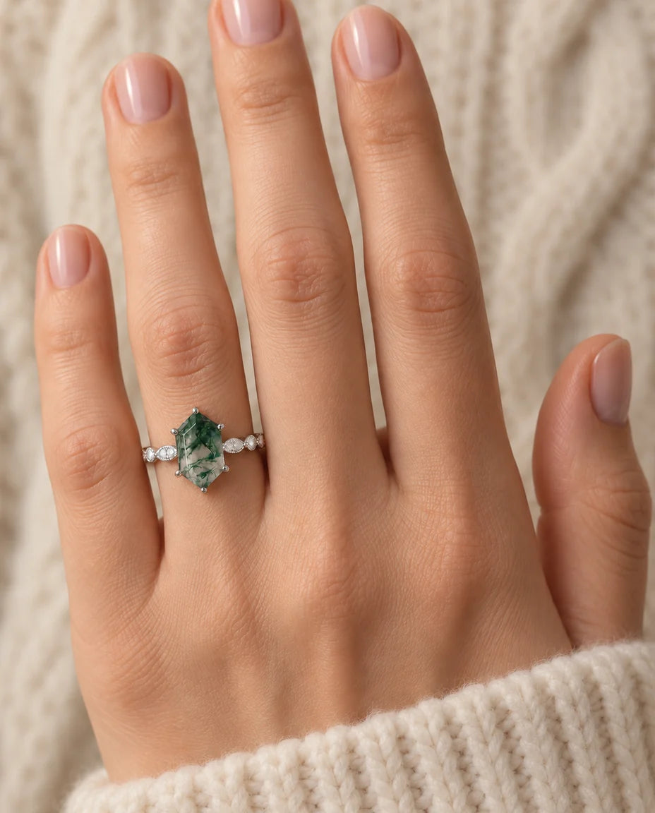 Moss Agate Ring - worn on the hand