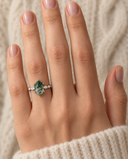 Moss Agate Ring - worn on the hand