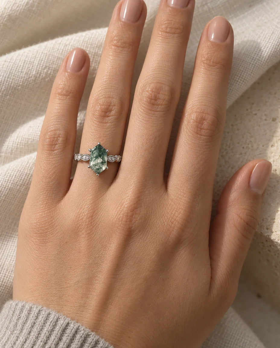 Moss Agate Ring - worn on the hand, close-up