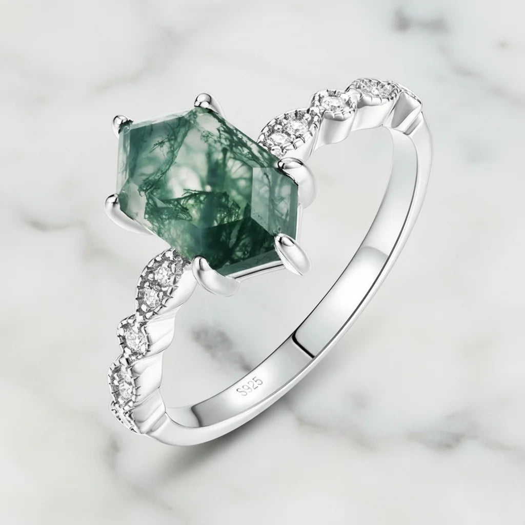 Natural Green Moss Agate Hexagon Cut Ring in 925 Sterling Silver