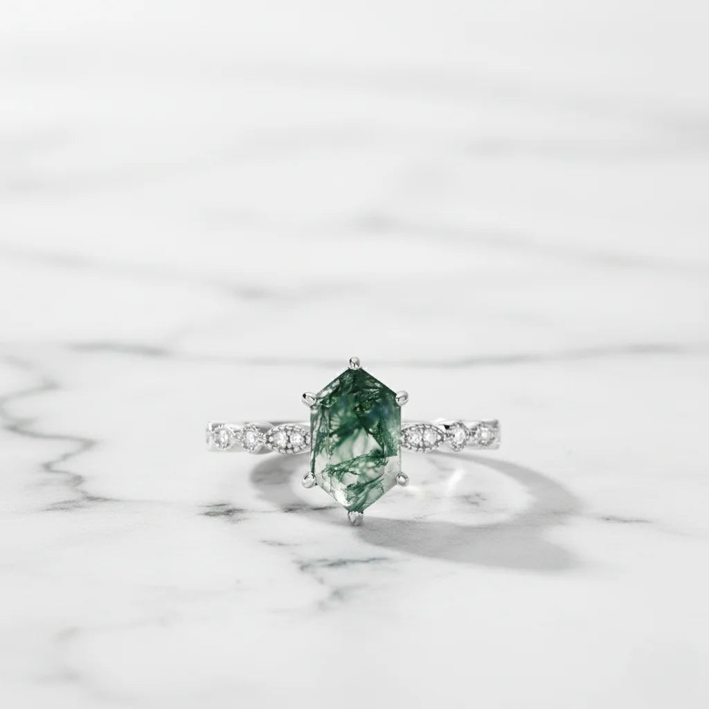 Natural Green Moss Agate Hexagon Cut Ring in 925 Sterling Silver