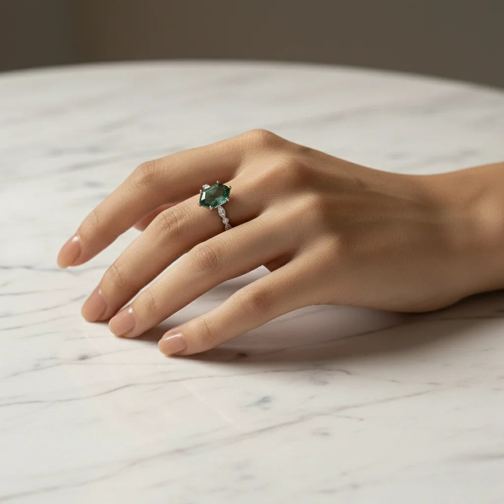 Natural Green Moss Agate Hexagon Cut Ring in 925 Sterling Silver