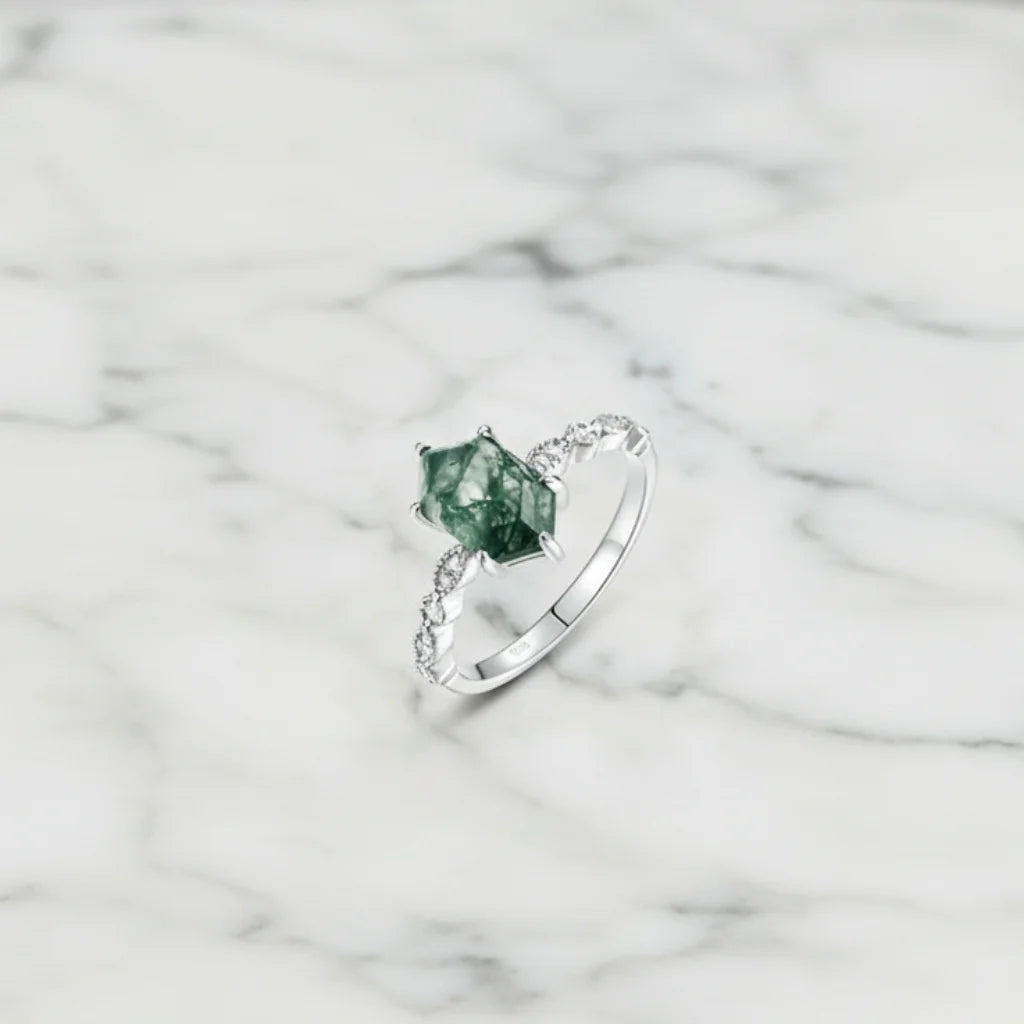 Natural Green Moss Agate Hexagon Cut Ring in 925 Sterling Silver
