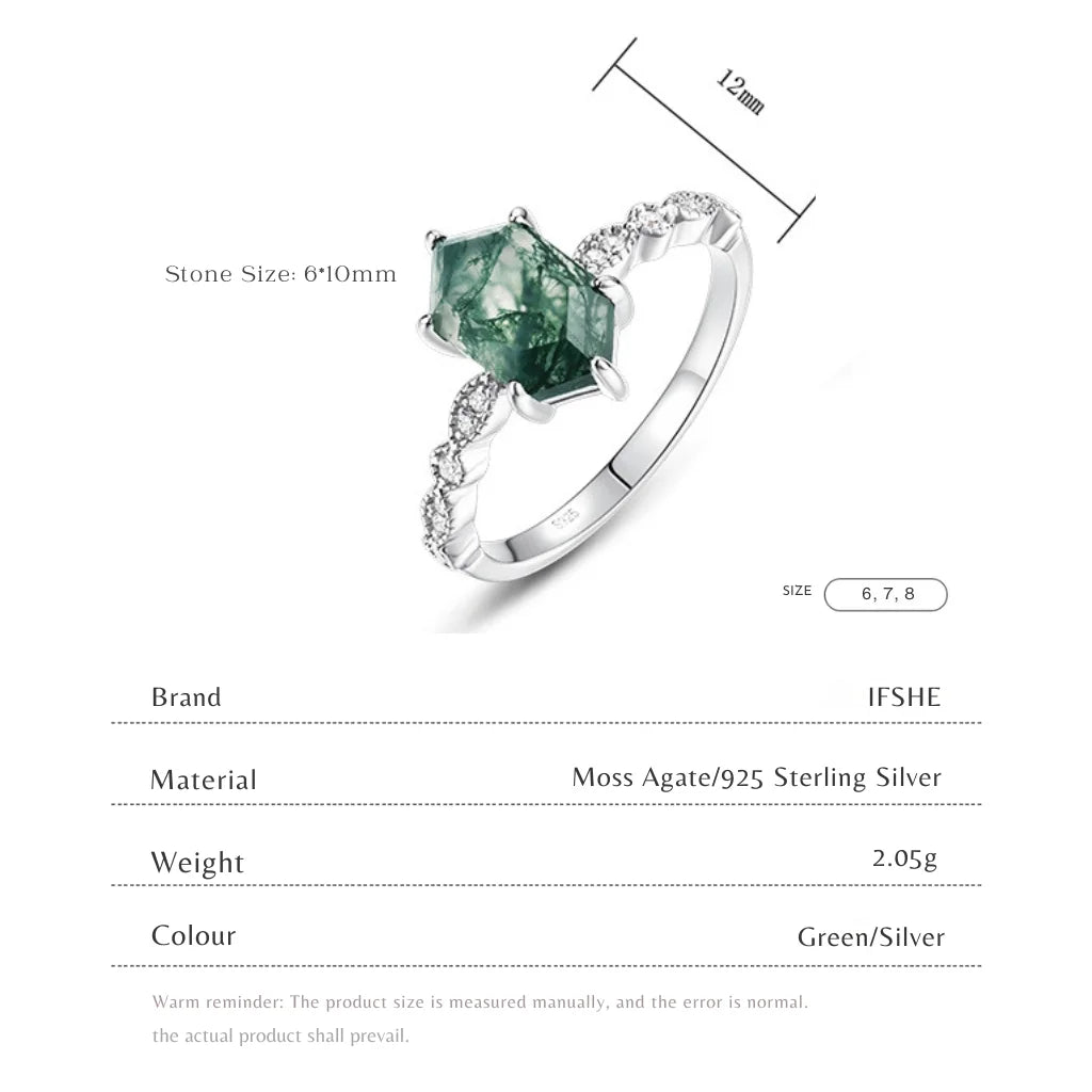 Natural Green Moss Agate Hexagon Cut Ring in 925 Sterling Silver