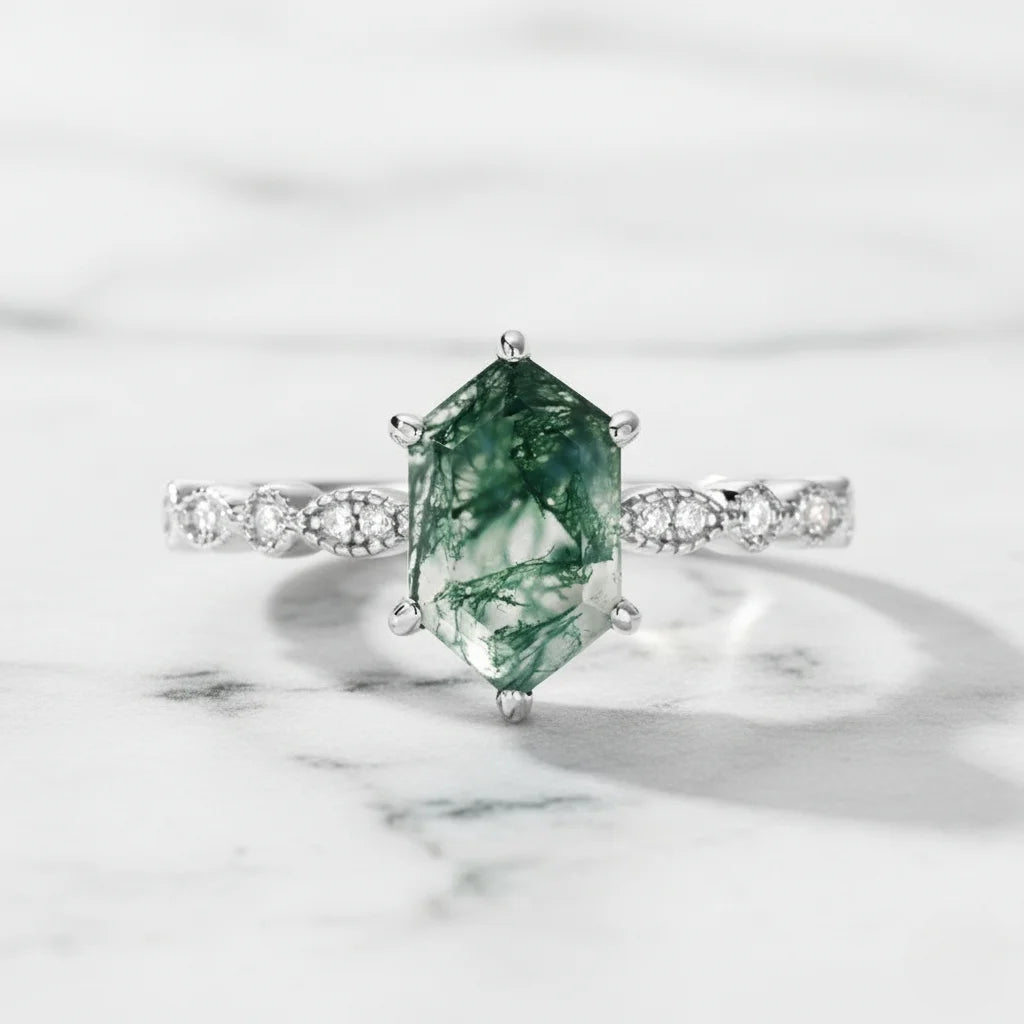 Natural Green Moss Agate Hexagon Cut Ring in 925 Sterling Silver