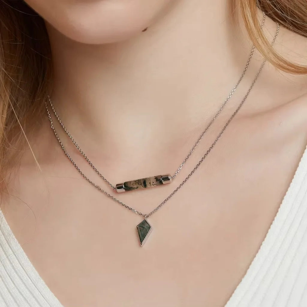 Moss Agate Kite Cut Necklace in Sterling Silver