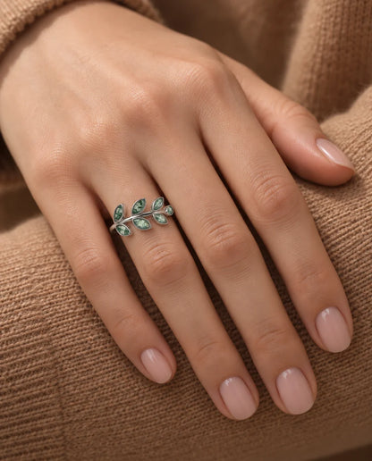 Olive Branch Moss Agate Ring - worn on the hand