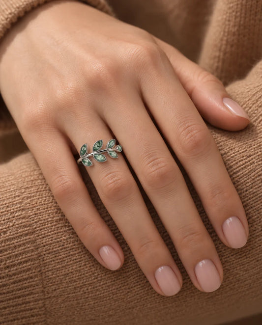 Olive Branch Moss Agate Ring - worn on the hand