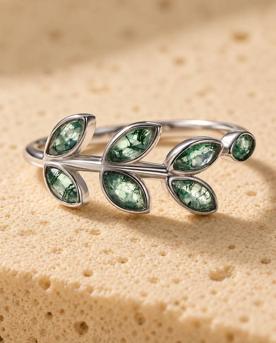 Olive Branch Moss Agate Ring - close-up of the gemstone