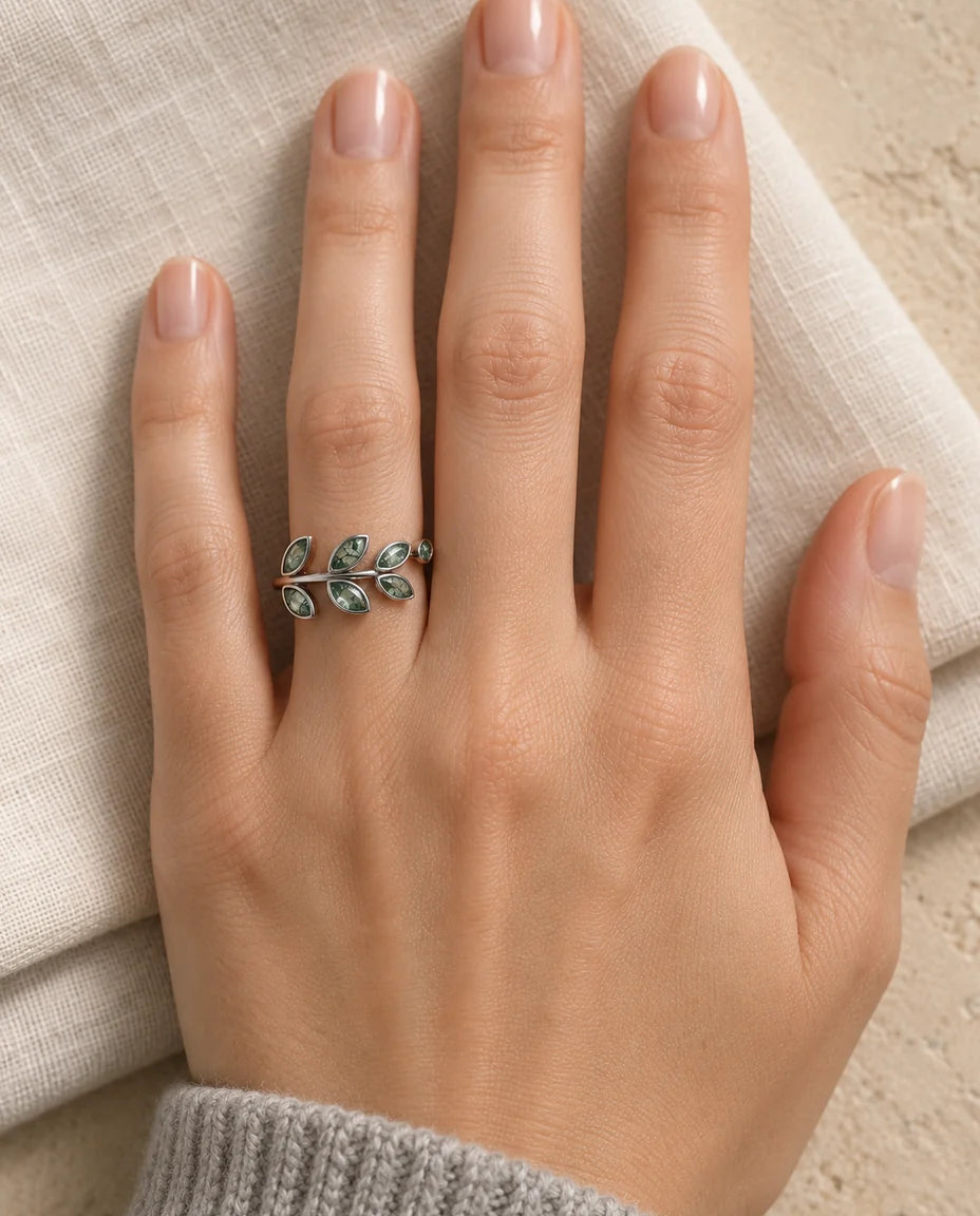 Olive Branch Moss Agate Ring - worn on the hand, close-up