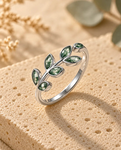 Olive Branch Moss Agate Ring - three-quarter view