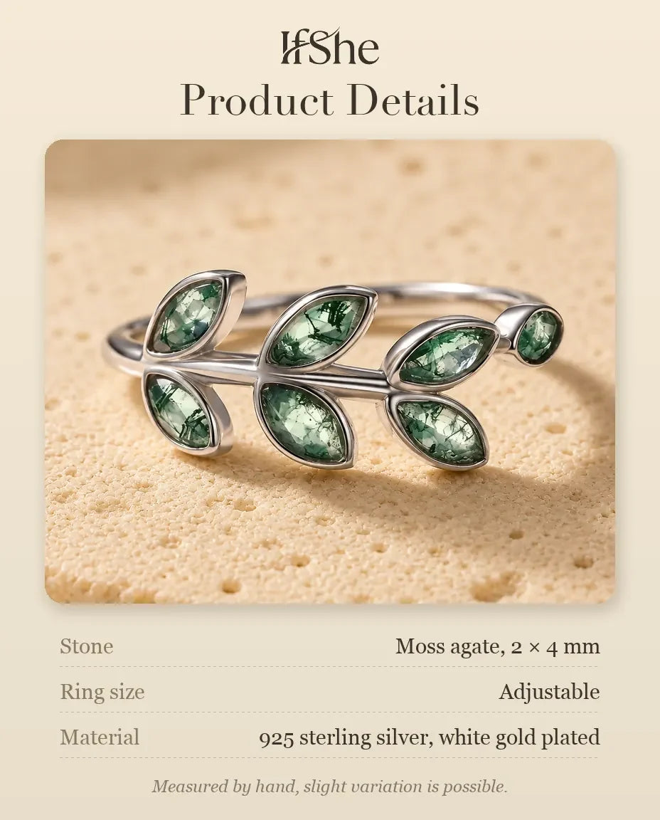 Olive Branch Moss Agate Ring - size and material details