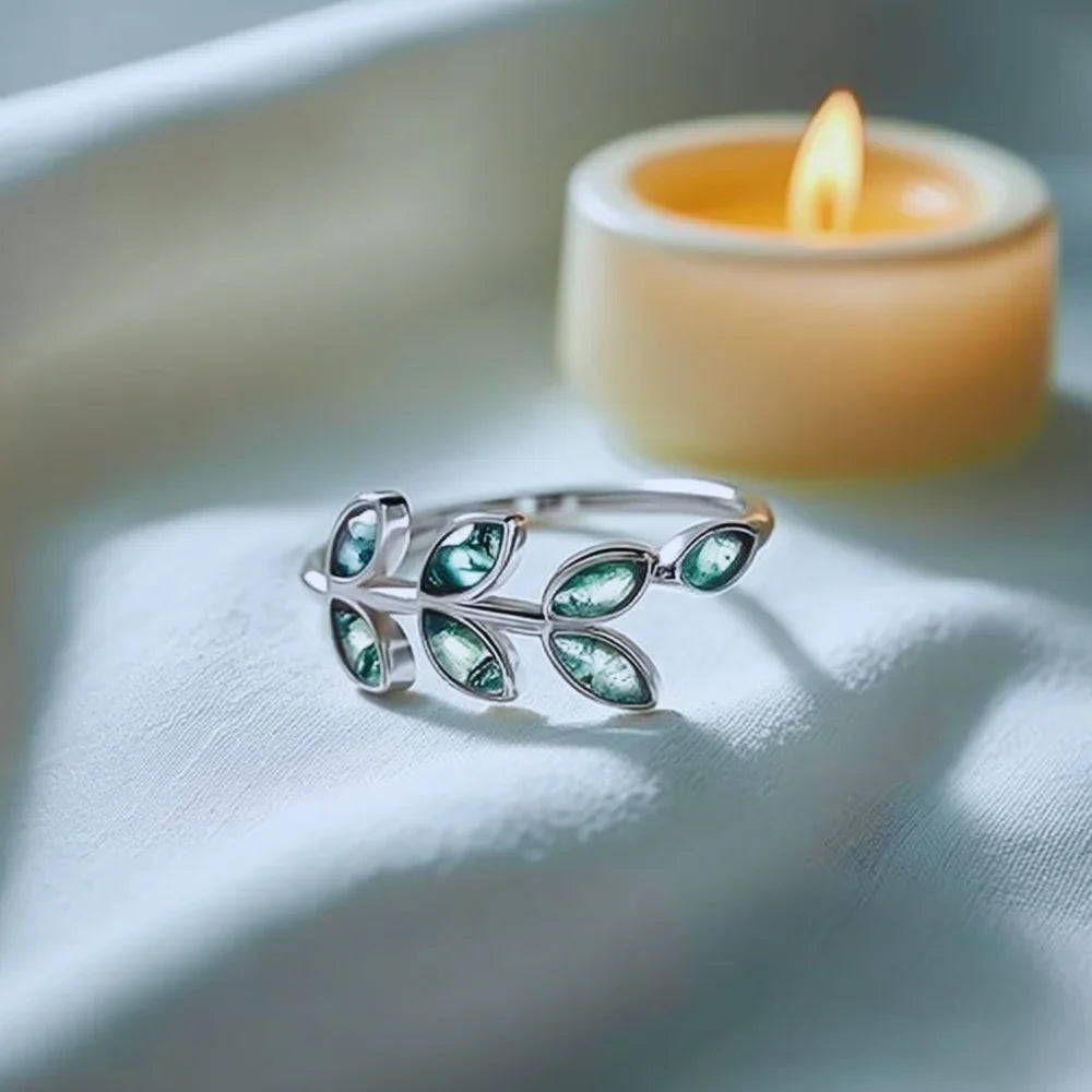 Moss Agate Leaf Ring in 925 Sterling Silver Adjustable Band, White Gold Plated