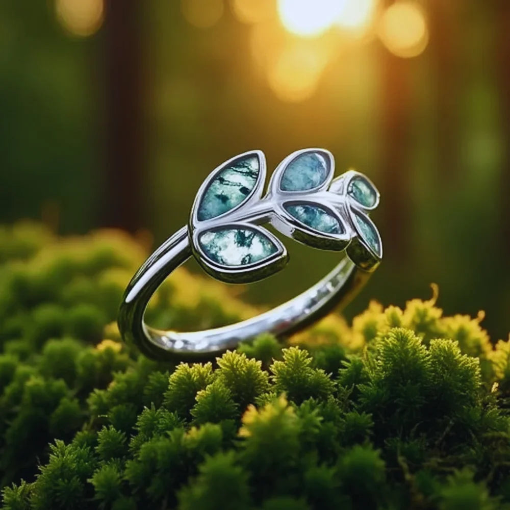 Moss Agate Leaf Ring in 925 Sterling Silver Adjustable Band, White Gold Plated