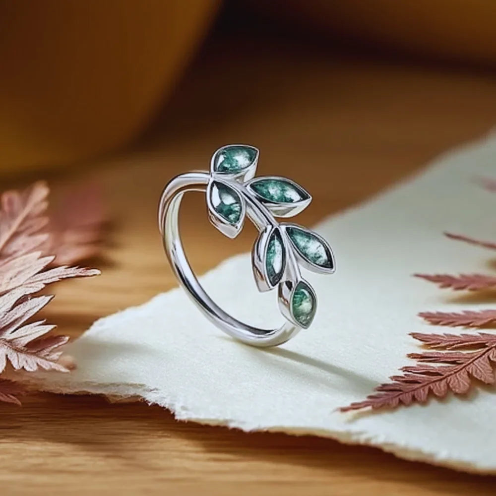 Moss Agate Leaf Ring in 925 Sterling Silver Adjustable Band, White Gold Plated