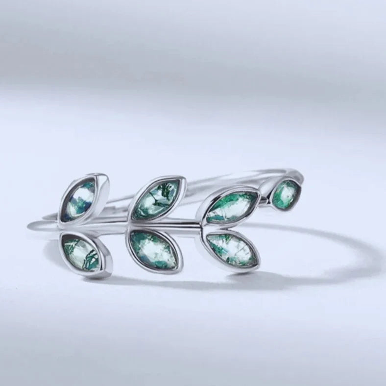 Moss Agate Leaf Ring in 925 Sterling Silver Adjustable Band, White Gold Plated