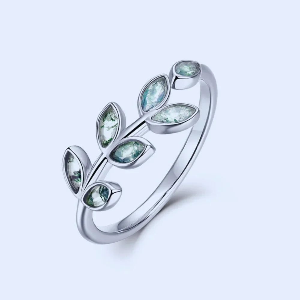 Moss Agate Leaf Ring in 925 Sterling Silver Adjustable Band, White Gold Plated