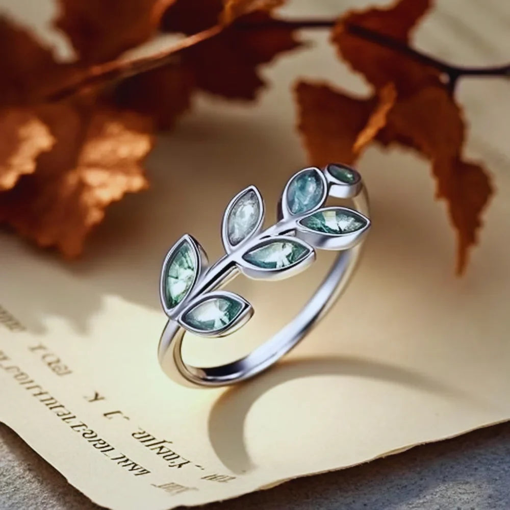 Moss Agate Leaf Ring in 925 Sterling Silver Adjustable Band, White Gold Plated