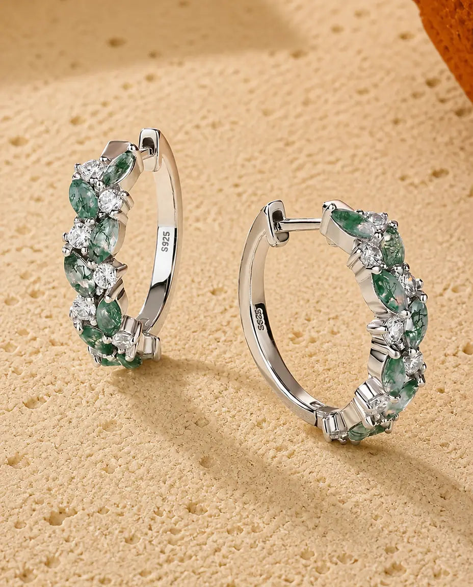 Marquise moss agate and cubic zirconia huggie hoop earrings in silver
