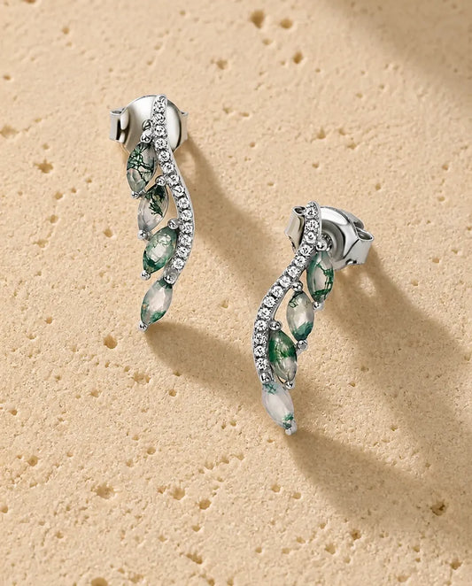 Moss agate marquise ear climber earrings in silver