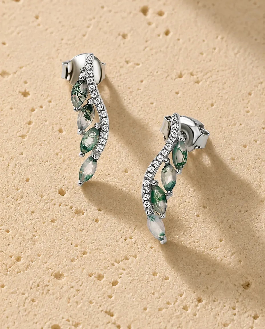 Moss agate marquise ear climber earrings in silver