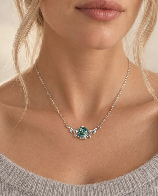 Moss Agate Necklace - worn on a model