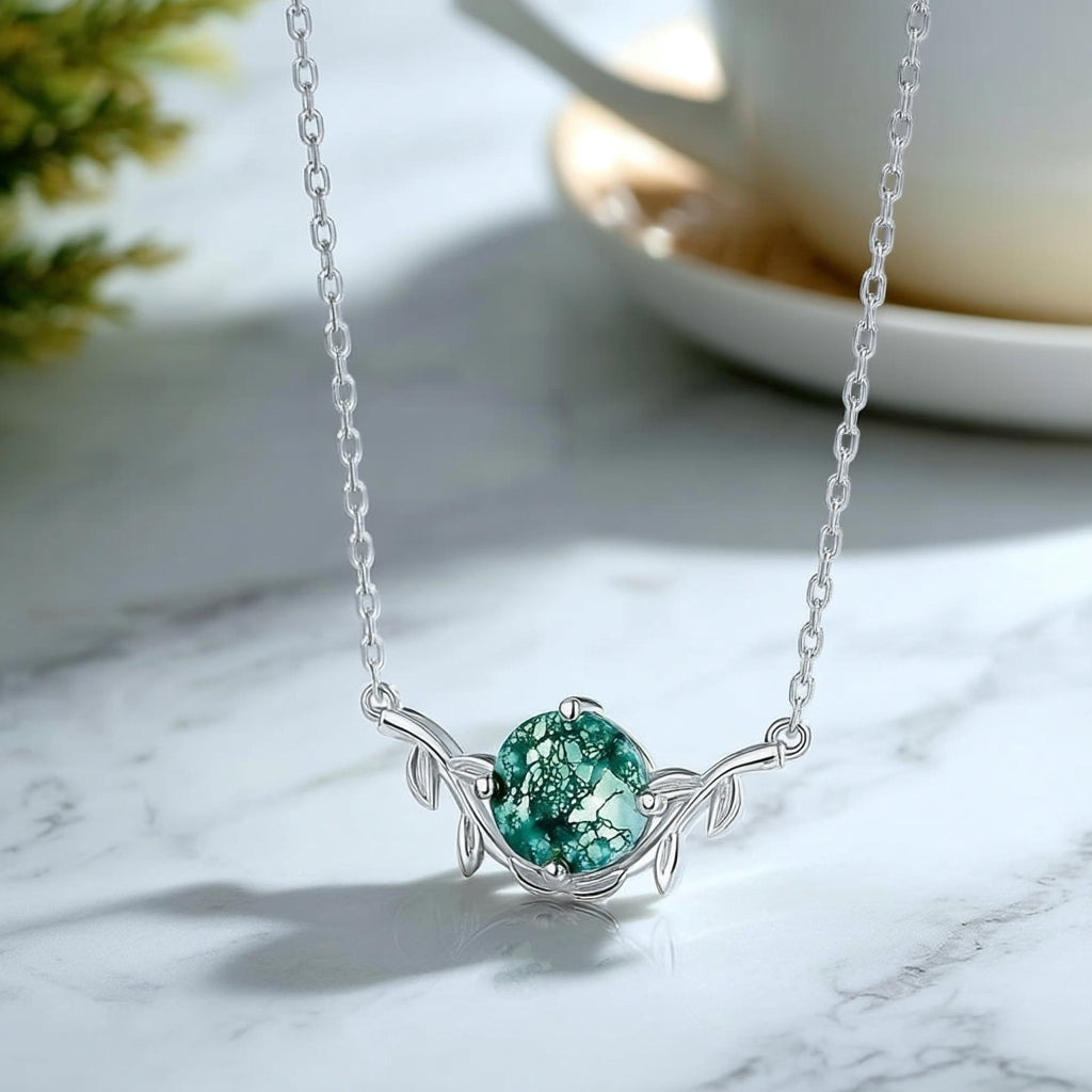 Moss Agate Necklace Round Cut 925 Sterling Silver