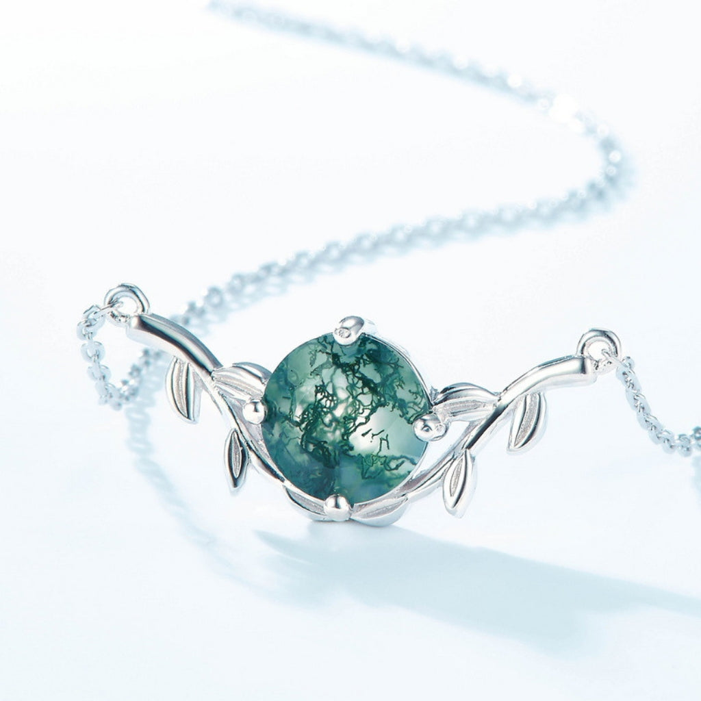 Moss Agate Necklace Round Cut 925 Sterling Silver