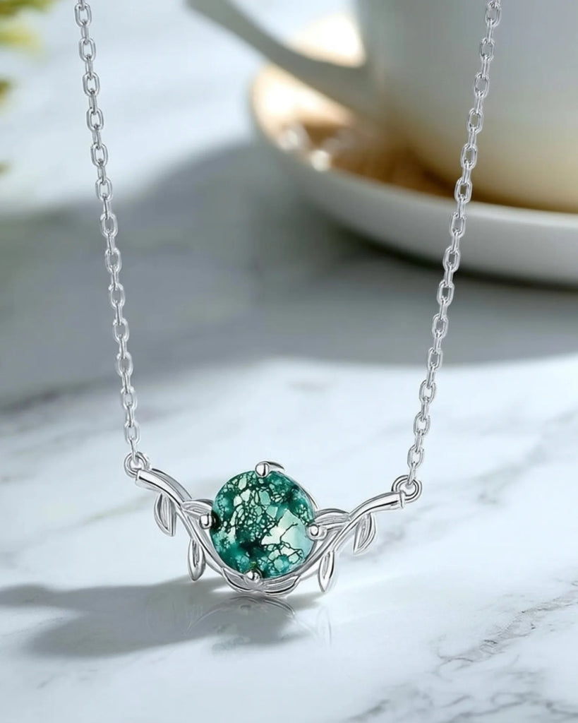 Moss Agate Necklace Round Cut 925 Sterling Silver