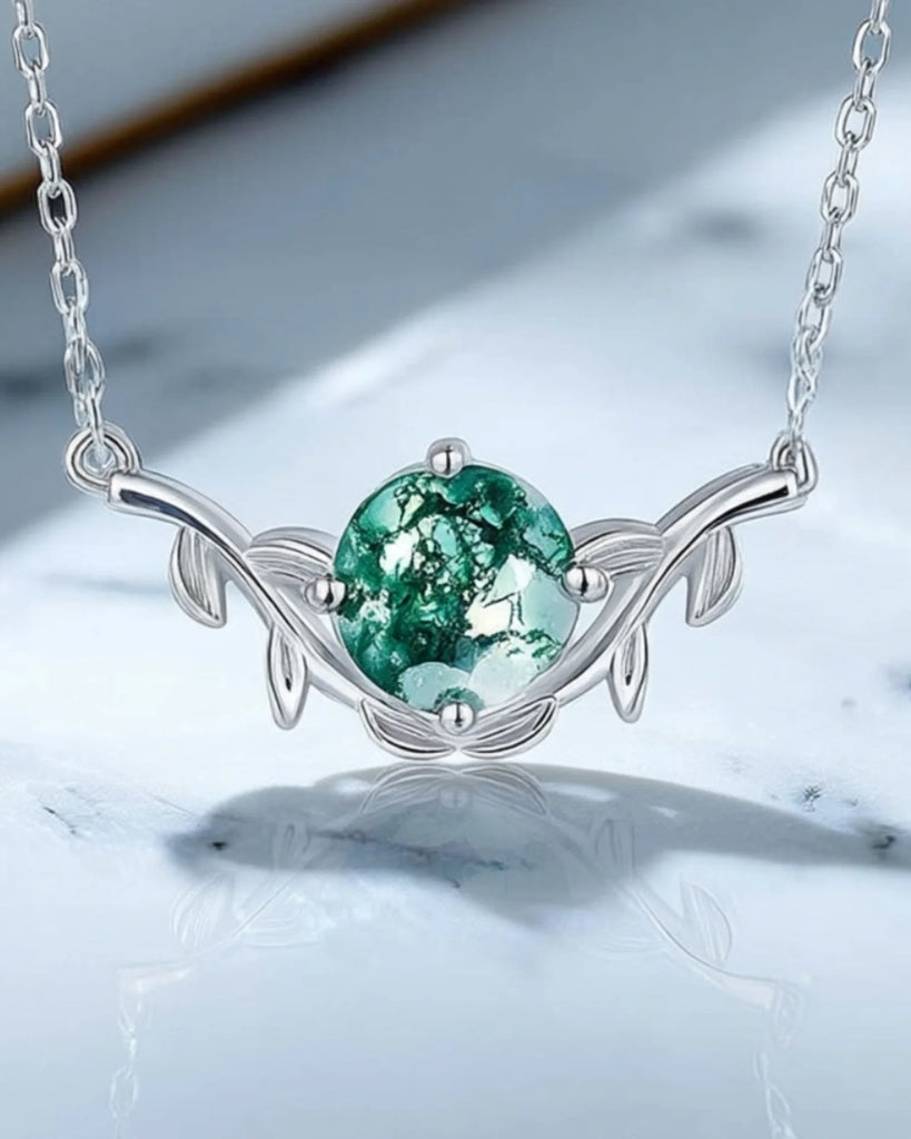Moss Agate Necklace Round Cut 925 Sterling Silver