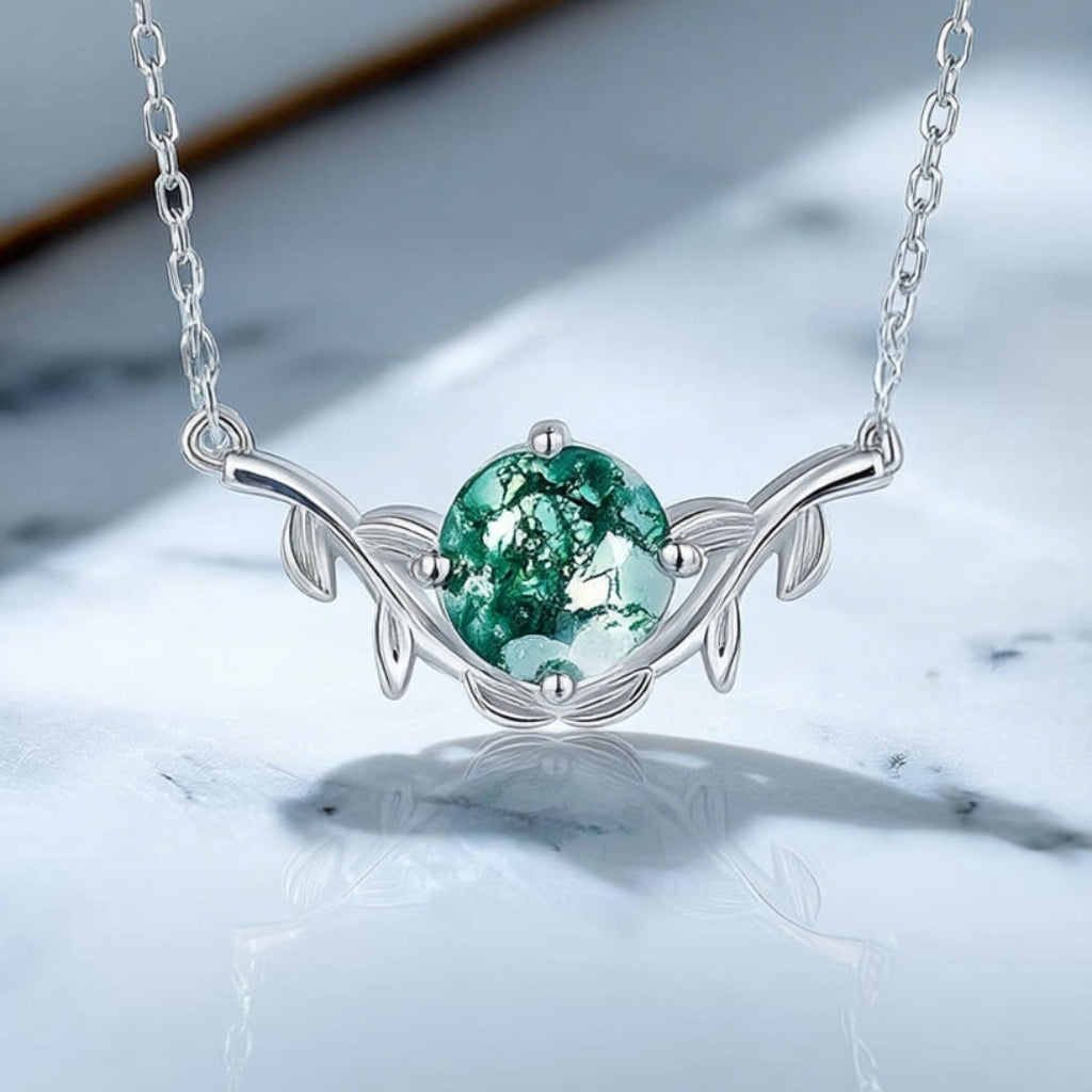 Moss Agate Necklace Round Cut 925 Sterling Silver