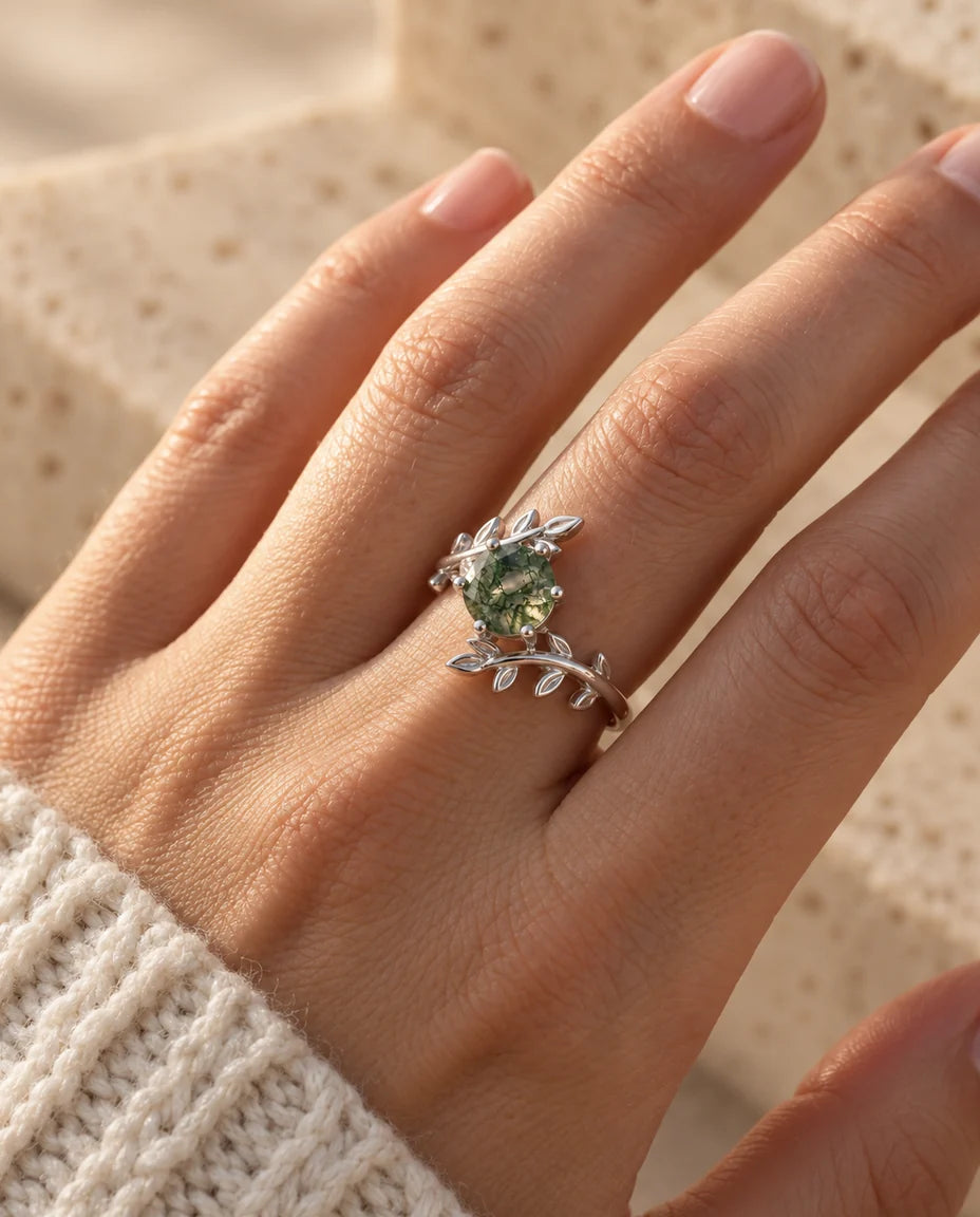 Leaf Moss Agate Ring - worn on the hand, close-up